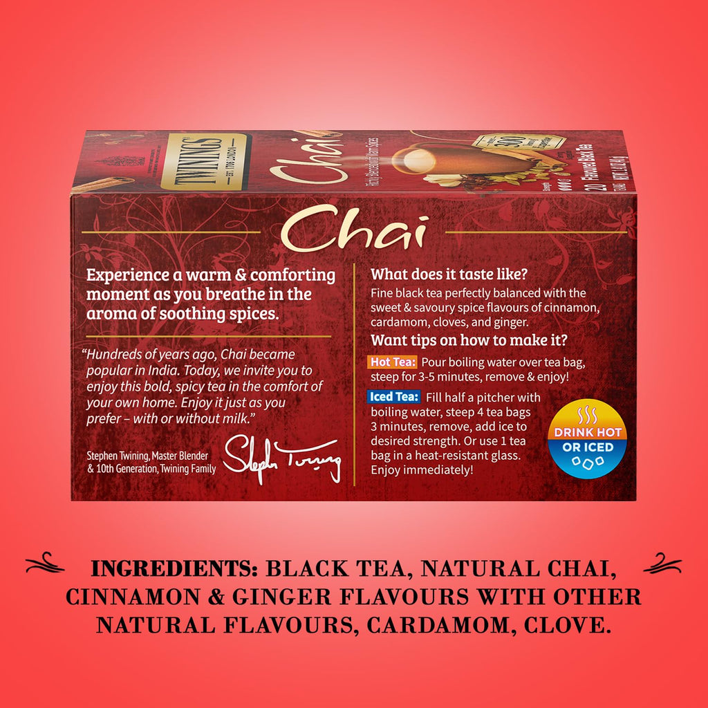 Twinings Chai Tea, Caffeinated Black Tea Naturally Flavored with Aromatic Spices and Ginger, Tea Bags Individually Wrapped, 20 Count Ea (Pack of 2)