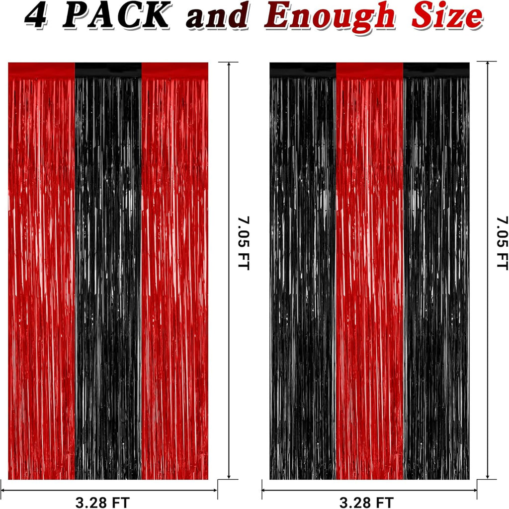 Regine Switzerland Halloween Wall Backdrop - 4 Pack Red & Black Metallic Tinsel Curtains | 3.28 FT x 7.05 FT