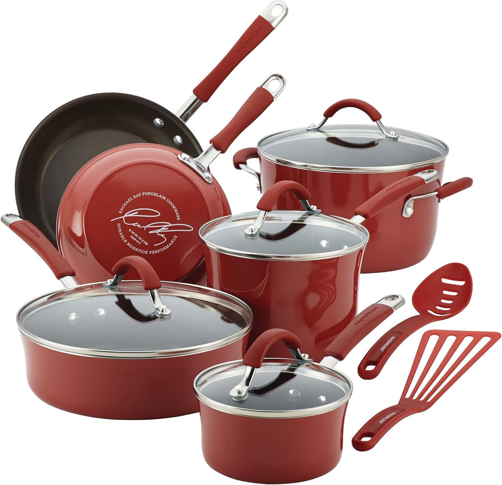 Rachael Ray Cucina Nonstick Cookware Set - 12 Piece in Cranberry Red for Effortless Cooking