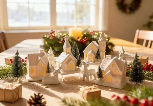 WANCHIY Christmas Village Sets- 13 Pieces Indoor Christmas Decorations, White Ceramic Village Houses Set of 4 with 7 Trees & 2 Deer, Mantel & Room & House Table Decor, Farmhouse Rustic Holiday Decor