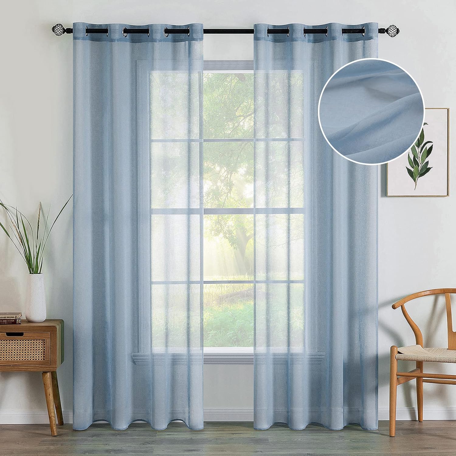 MIULEE Dusty Blue Semi-Sheer Window Curtains - Elegant Grommet Top Drapes, 84 Inch Length, Linen Texture