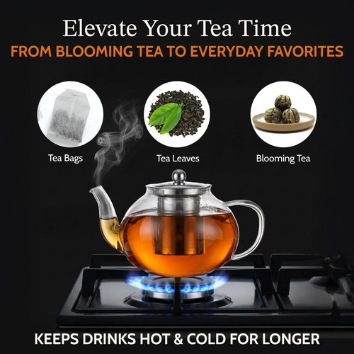 James Bentley Glass Coffee and Tea Set – Borosilicate Glass Teapot Set for Adults with 40oz Teapot & 4 Insulated Glasses, Stainless Steel Strainer for Bags and Loose Tea– Microwave, Dishwasher Safe