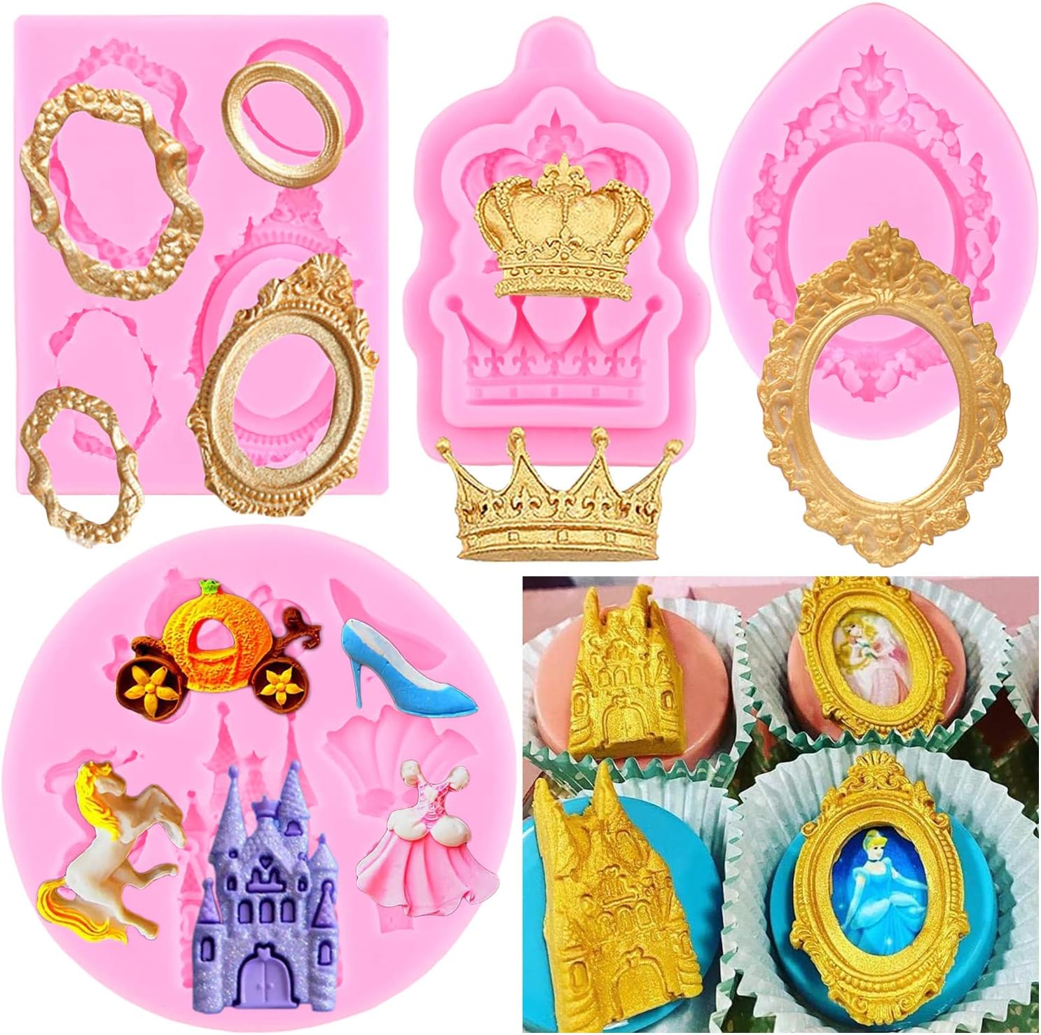Skiennix Silicone Mold Set - Cinderella Fondant Molds for Cake Decoration | 4-Piece Baroque Design