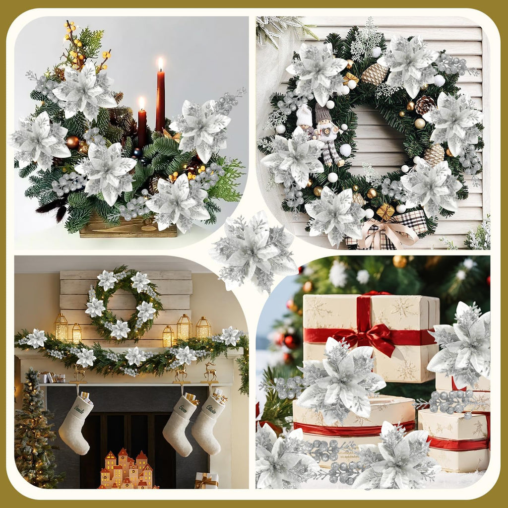 Trytuny Glitter Poinsettia Christmas Ornaments - 50pcs Artificial Flowers with Clips for DIY Wreaths | Silver