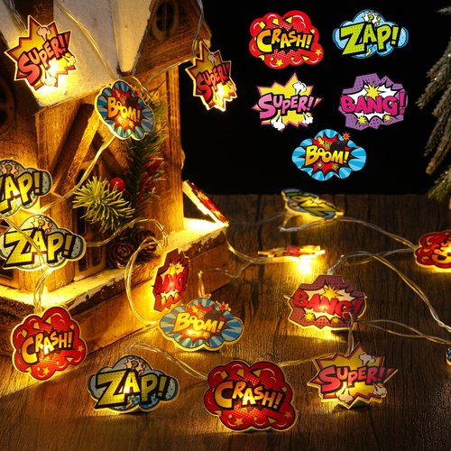 Tujoe Hero Party Decorations Hero String Lights 20 LED 10 ft Comic Action Hanging Garland Decorations Battery Operated for Birthday Baby Shower Room Wall Decor
