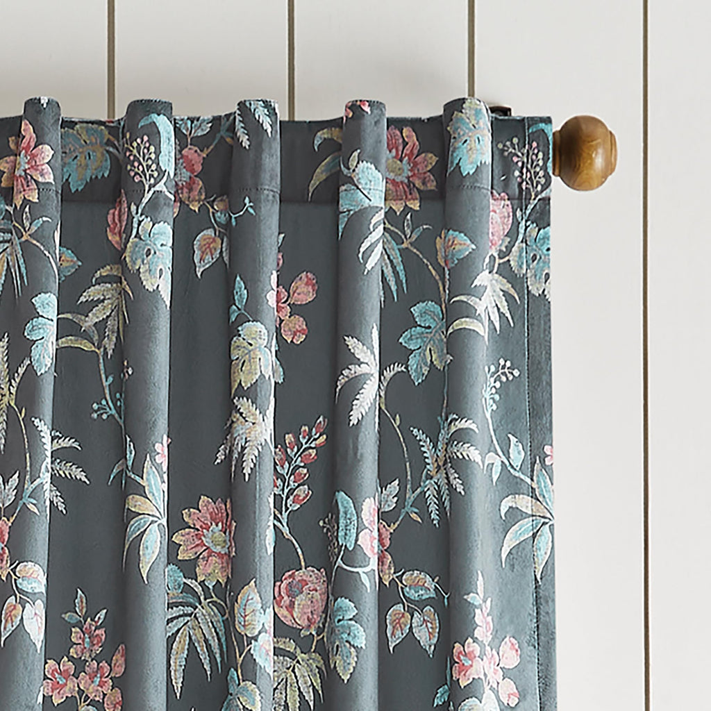 Martha Stewart Floral Curtains Room Darkening Botanical Flower Grey Back Tab Window Curtain Panel Pair, Norah, 95", Charcoal