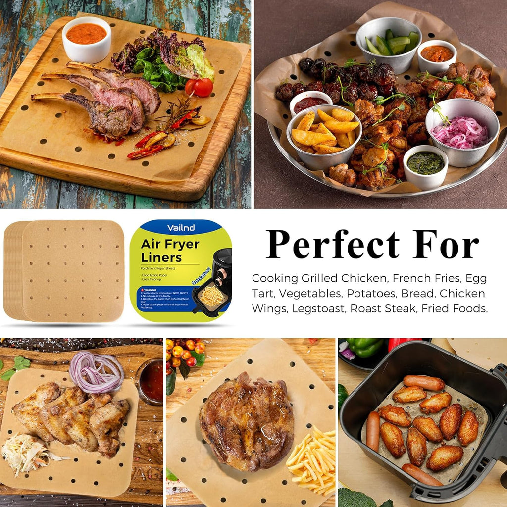 Vailnd Air Fryer Liners - Disposable Unbleached Parchment Paper Sheets | 100pcs, 8.5" Square for 5-8 Qt Air Fryers