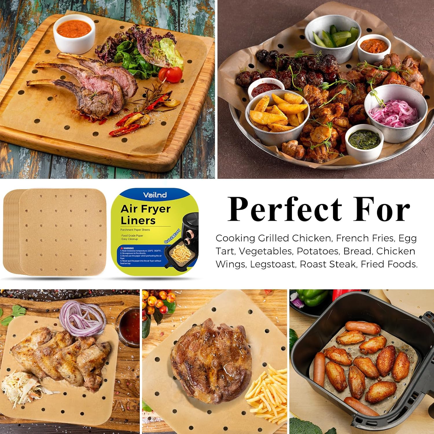 Vailnd Disposable Air Fryer Liners - 200 Pcs Unbleached Parchment Paper Sheets | 8.5" Square for 5-8 Qt Air Fryers