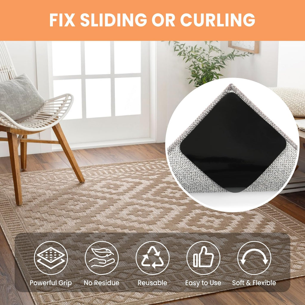 BAGAIL Non-Slip Rug Grippers - 4 Reusable Double-Sided Adhesive Corners for Hardwood & Tile Floors | 4x4in