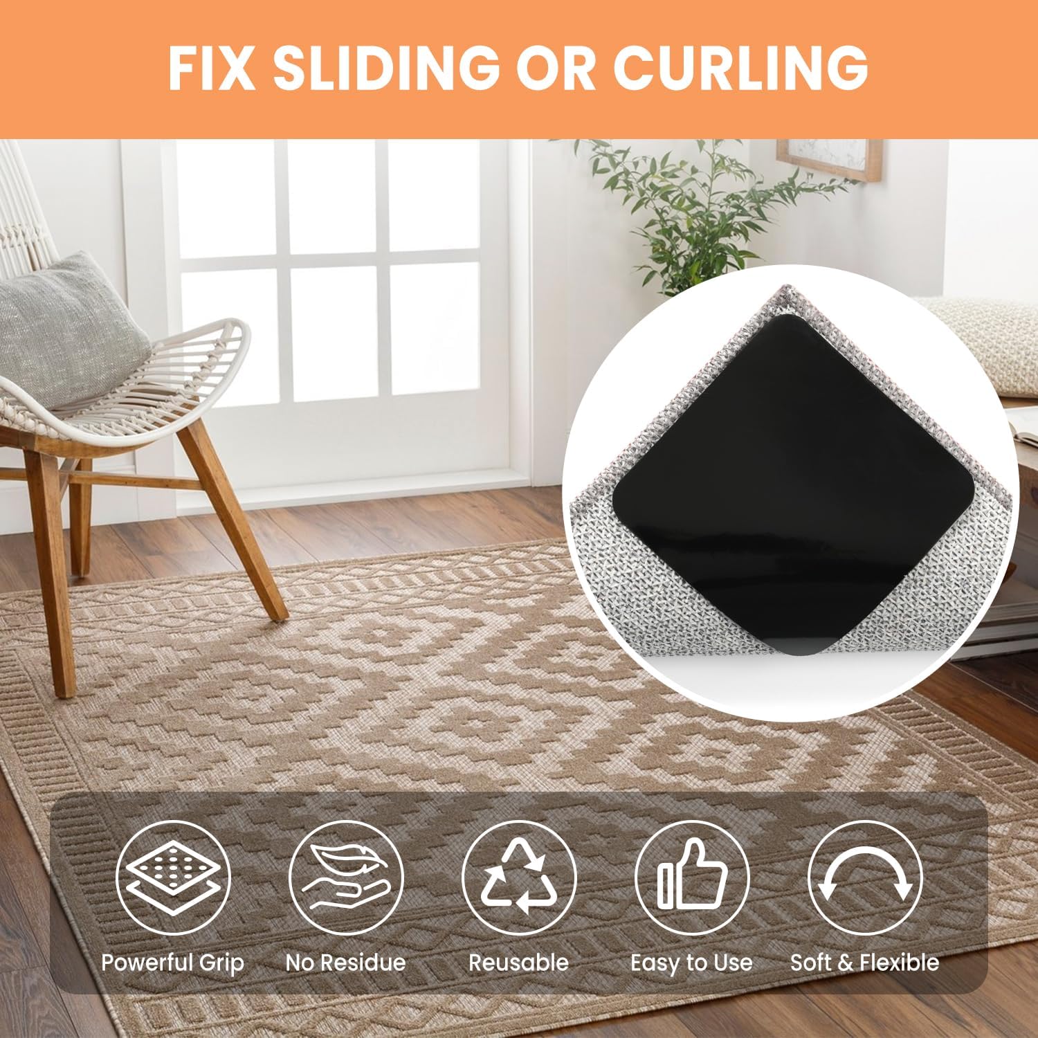 BAGAIL Non-Slip Rug Grippers - 4 Reusable Double-Sided Adhesive Corners for Hardwood & Tile Floors | 4x4in