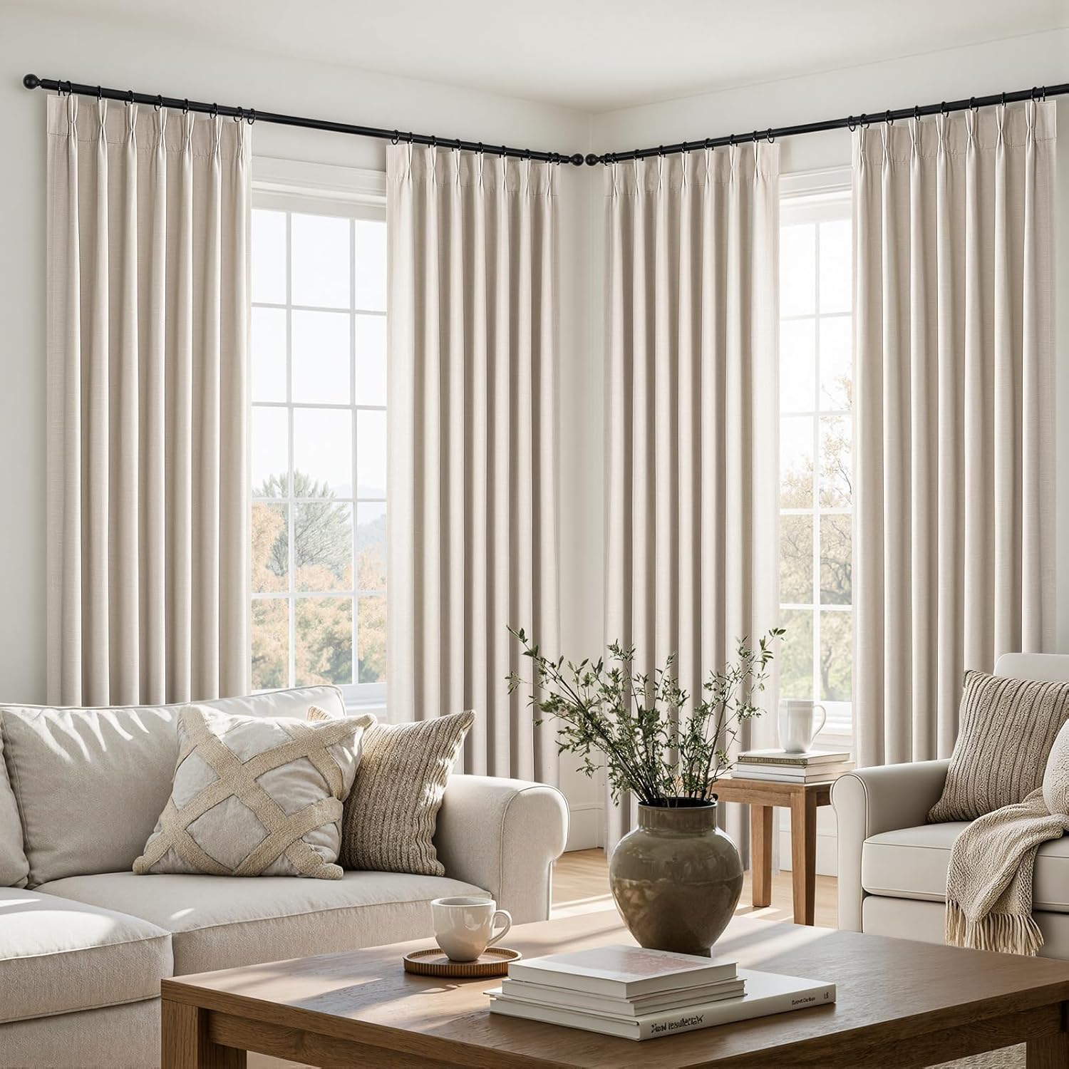 Topfinel Oatmeal Blackout Curtains - 84 Inch Long Pinch Pleated Drapes | Energy-Efficient Flax Linen, 2 Panels Set