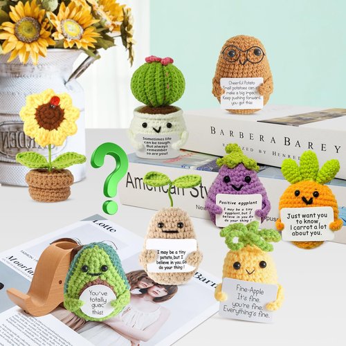 YUELE Mini Crochet Gift Set, Emotional Support Dolls, 9PCS Cute Funny Handmade Vegetables and Plants with approving Card, Encouragement Birthday Gift for Friends Room Decor