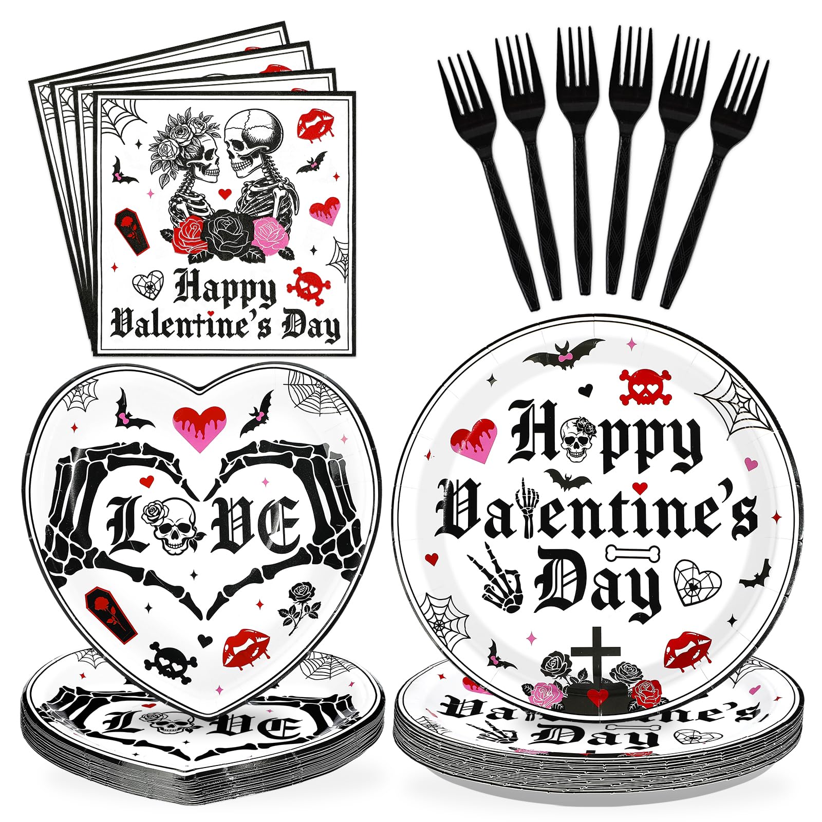 Greencian 96Pcs Valentine's Day Party Supplies Romantic Gothic Heart Love Plates and Napkins Happy Valentine Day Tableware Set for Gothic Valentines Day Wedding Anniversary Party Supplies Serves 24