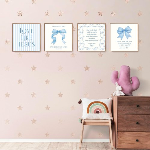 LARTSFRO Coquette Blue Bow Wall Art | Inspirational Christian Decor for Teens | 8x8 Inch Set of 4 Unframed