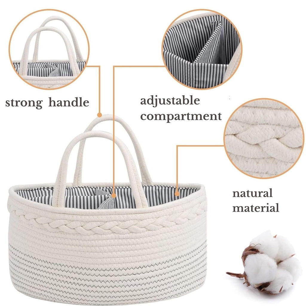 Skiennix Diaper Caddy Organizer - Large Cotton Rope Baby Basket for Nursery & Changing Table (Off White)
