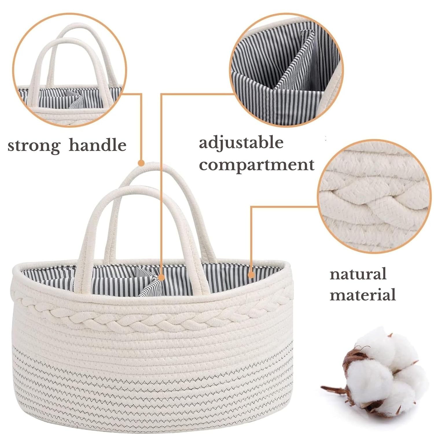 Skiennix Diaper Caddy Organizer - Large Cotton Rope Baby Basket for Nursery & Changing Table (Off White)