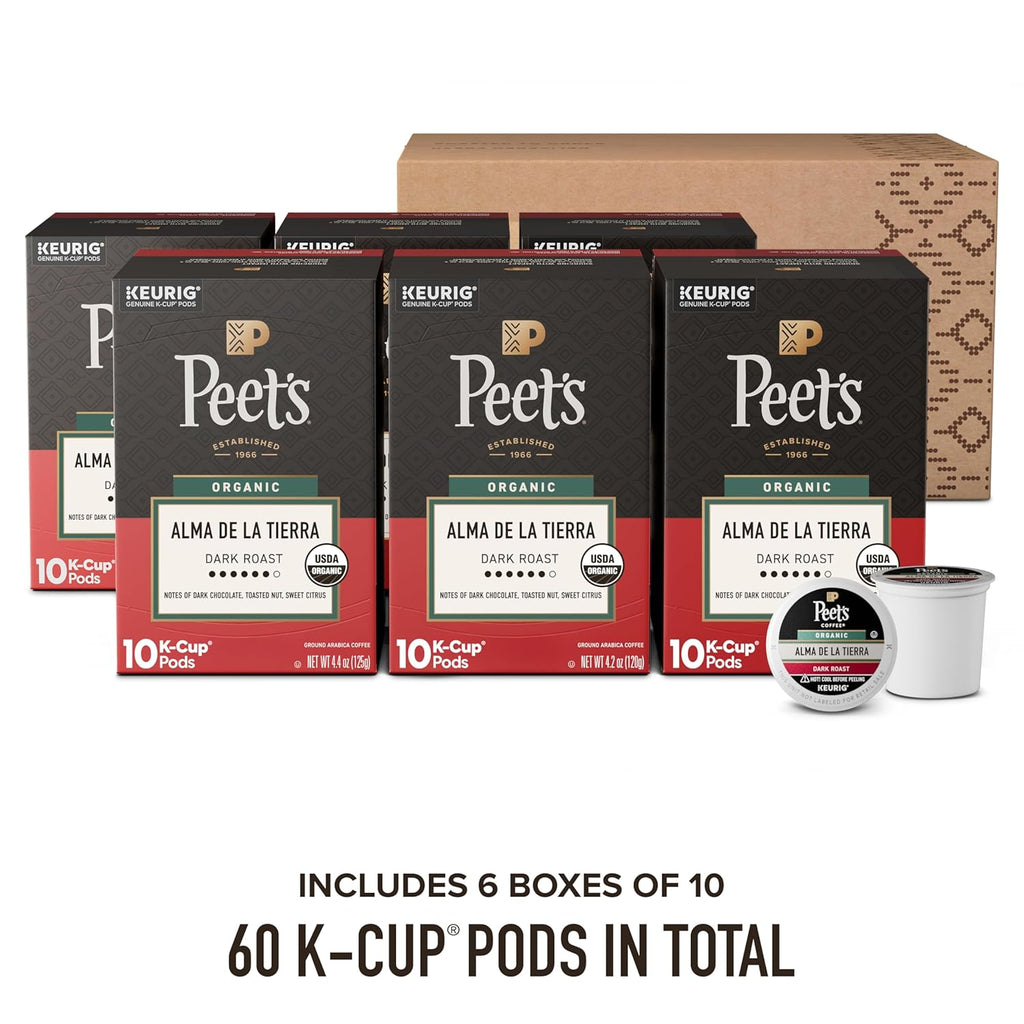 Peet's Coffee Organic Dark Roast K-Cup Pods - 100% Arabica, Alma de la Tierra, 60 Count (6 Boxes of 10 Pods)