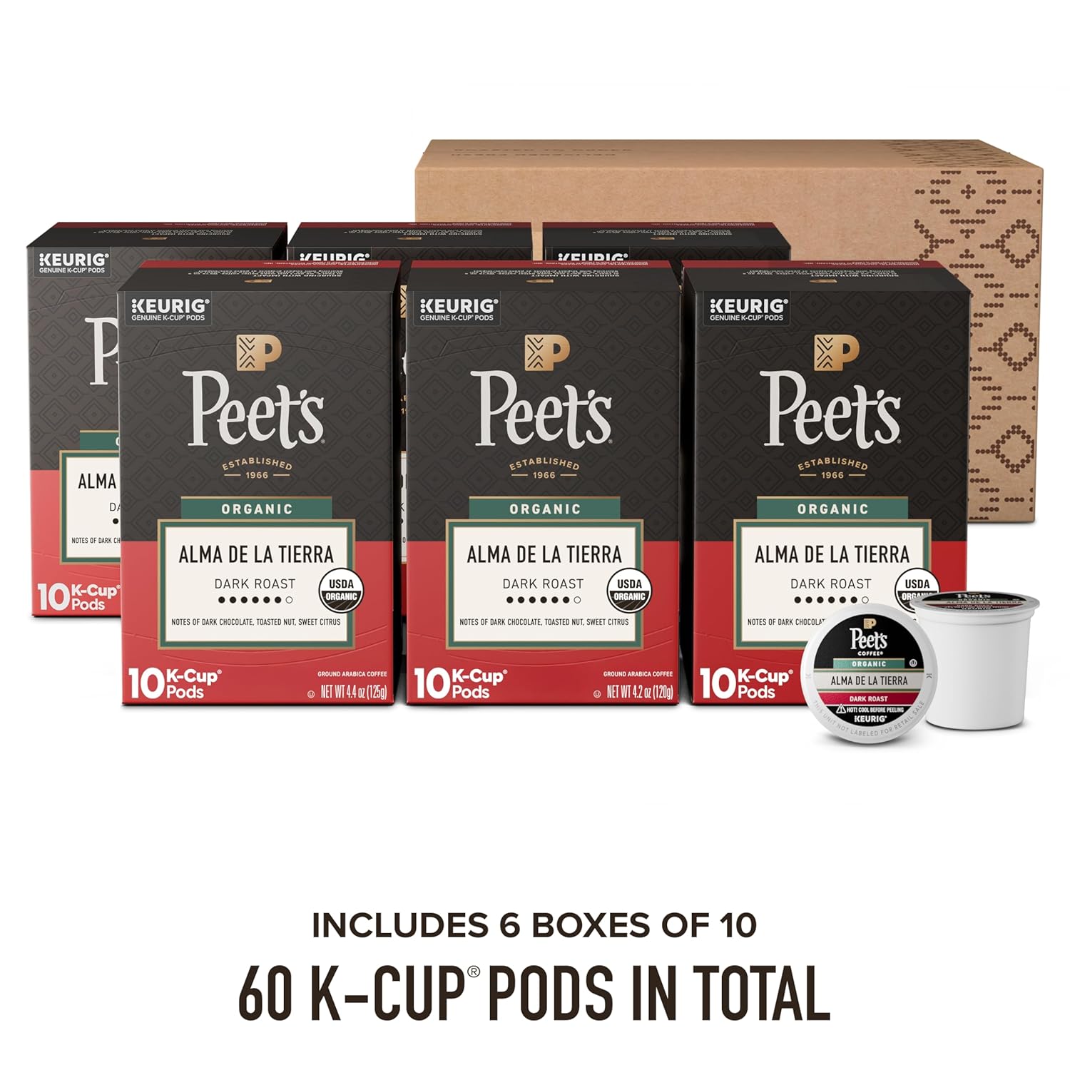 Peet's Coffee Organic Dark Roast K-Cup Pods - 100% Arabica, Alma de la Tierra, 60 Count (6 Boxes of 10 Pods)