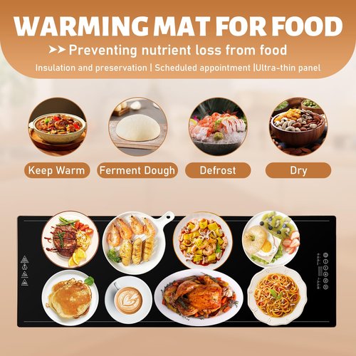 Electric Warming Trays for Buffets Party (XXL 39"x13"), Food Warmers for Parties Buffet with Thermostat & Full Surface Heating, Tempered Glass Warming Mat for Food, Temperature Adjustable Gold Handles