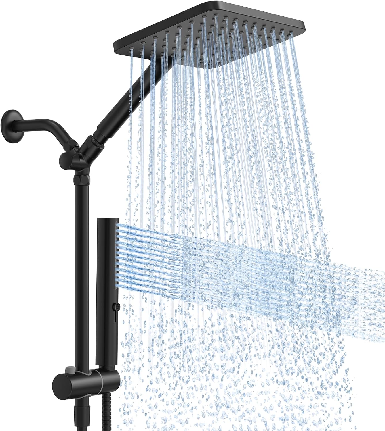Skiennix High Pressure Rain Shower Head - 10 Inch Square Rainfall Shower System with Handheld Combo, Matte Black