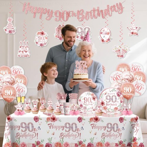192pcs 90th Birthday Decorations for Women, Serves 25, All-in-One Ninety Birthday Decorations, Rose Gold 90th Birthday Plates and Napkins with Banner, Tablecloth, Balloons & Cupcake Toppers