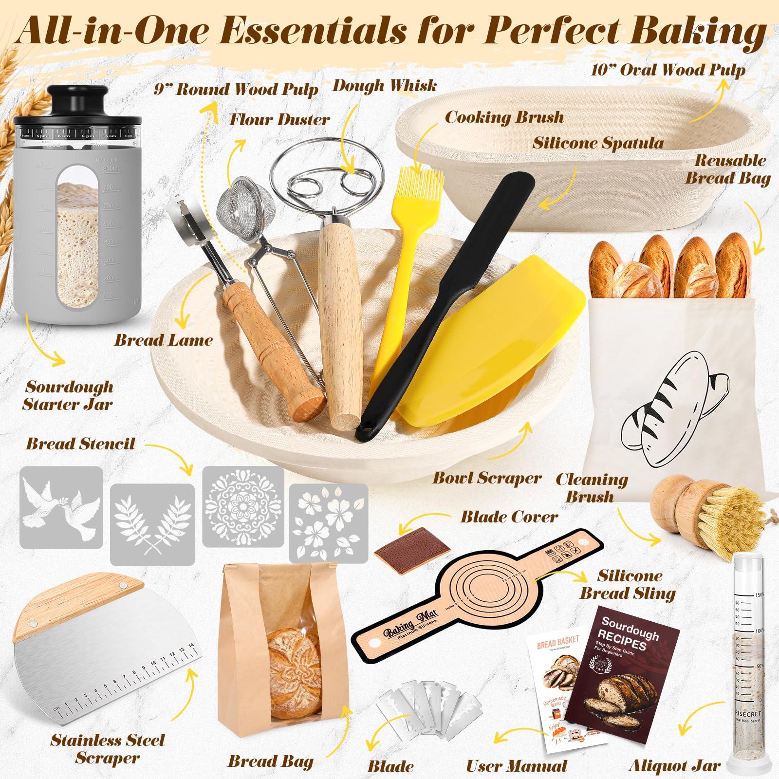 Sourdough Starter Kit with Aliquot Jar, Wood Pulp 9" Round & 10" Oval Bannetons & 34 oz Sourdough Starter Jar & Bread Sling Scrapers & Bag Complete Sourdough Baking Supplies