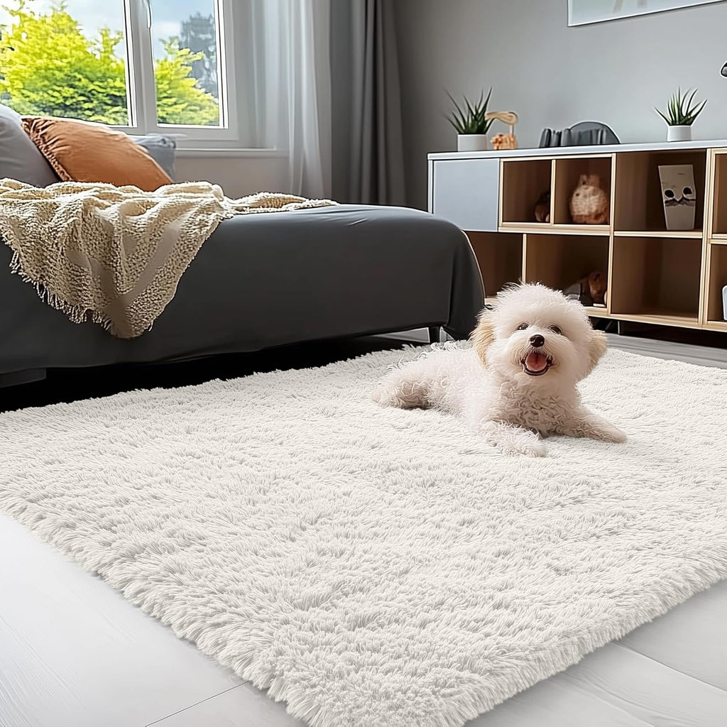 OLANLY Area Rugs - Soft Fluffy Shaggy Indoor Carpet for Living Room & Bedroom | Ivory, 4x7 Size