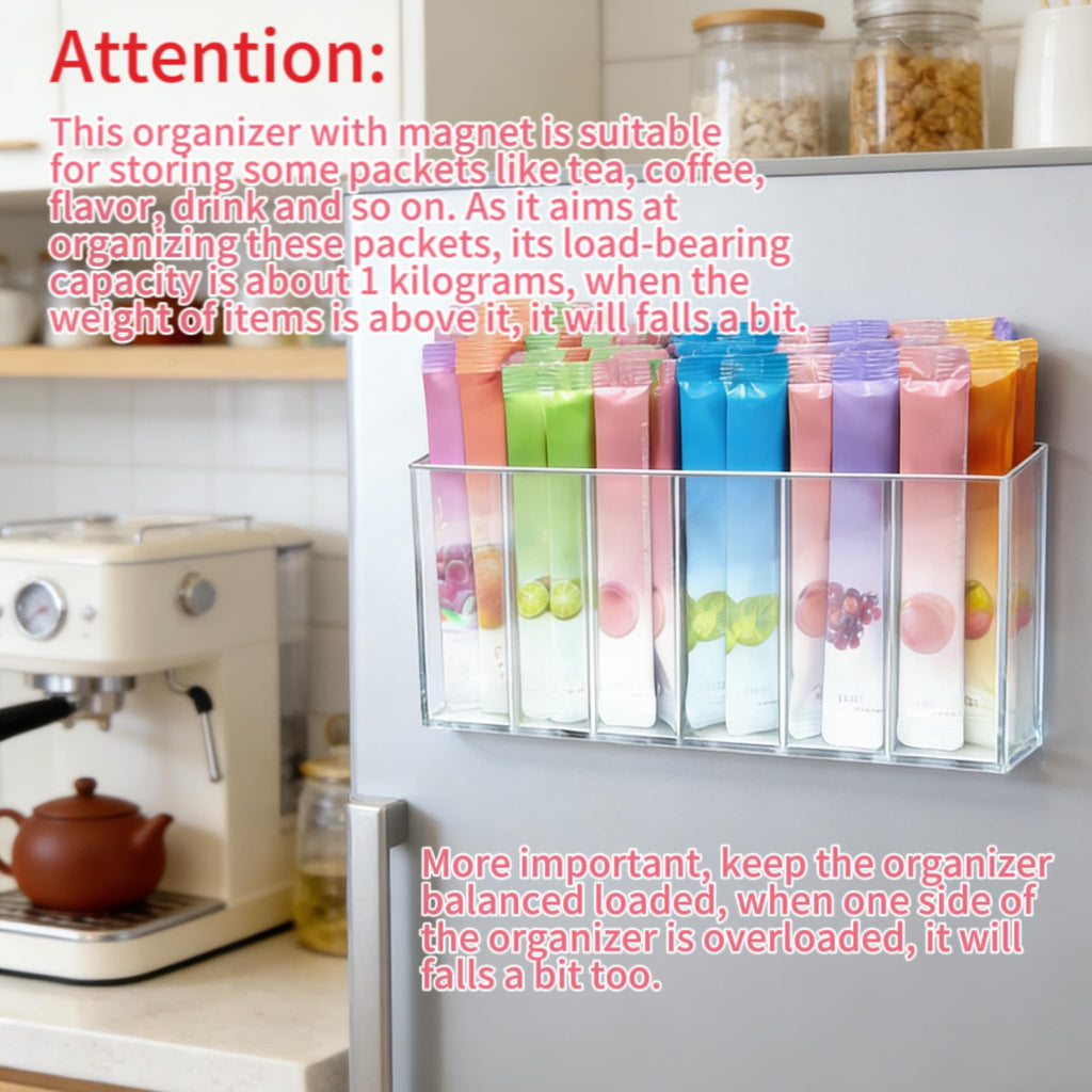 Drink Packet Organizer with Removable Divider & 6 Compartment, Mounted Water Packet Organizer with Soft Magnetic and Adhesive Sticker, Water Flavor Packet Storage for Kitchen Pantry Cabinet Fridge