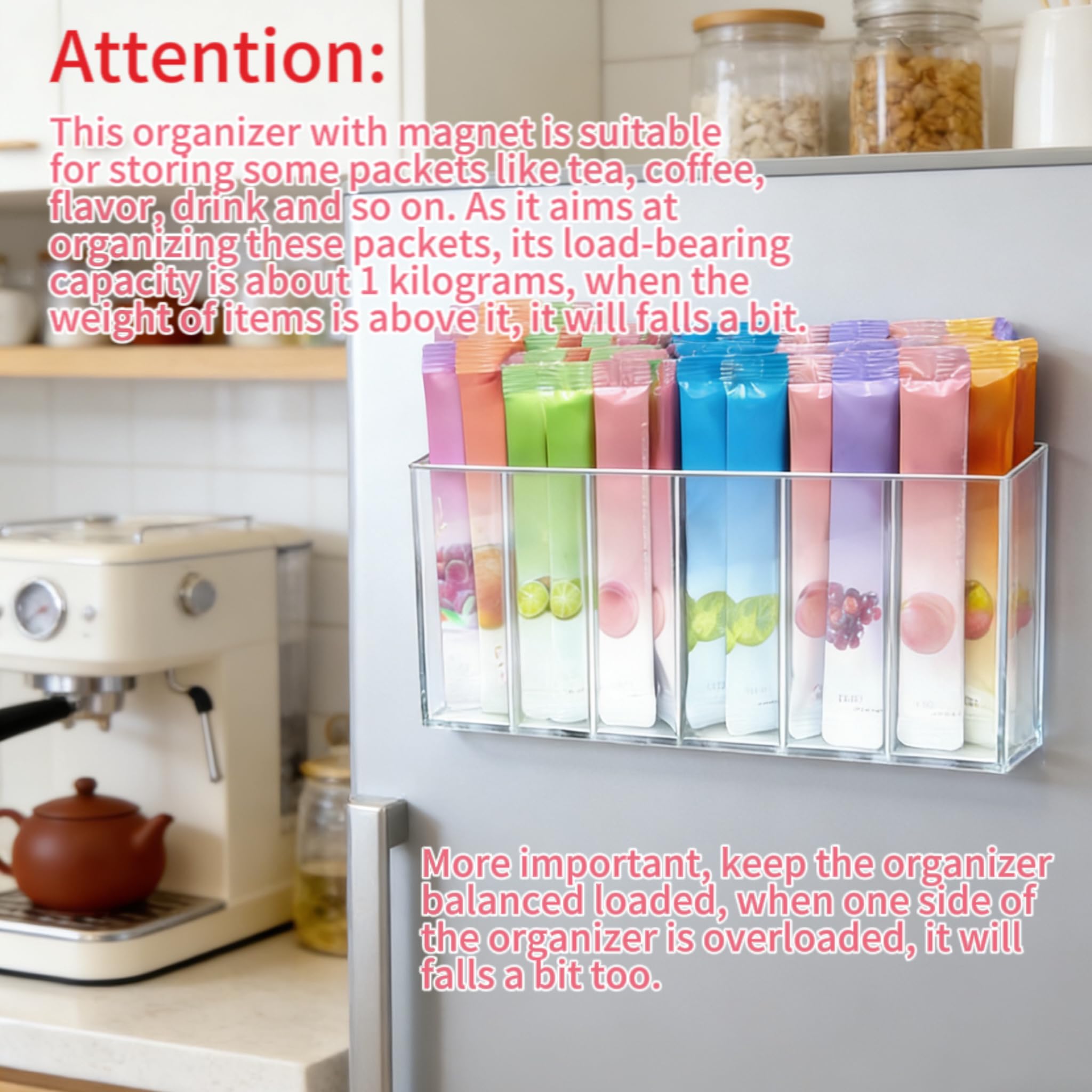 Drink Packet Organizer with Removable Divider & 6 Compartment, Mounted Water Packet Organizer with Soft Magnetic and Adhesive Sticker, Water Flavor Packet Storage for Kitchen Pantry Cabinet Fridge