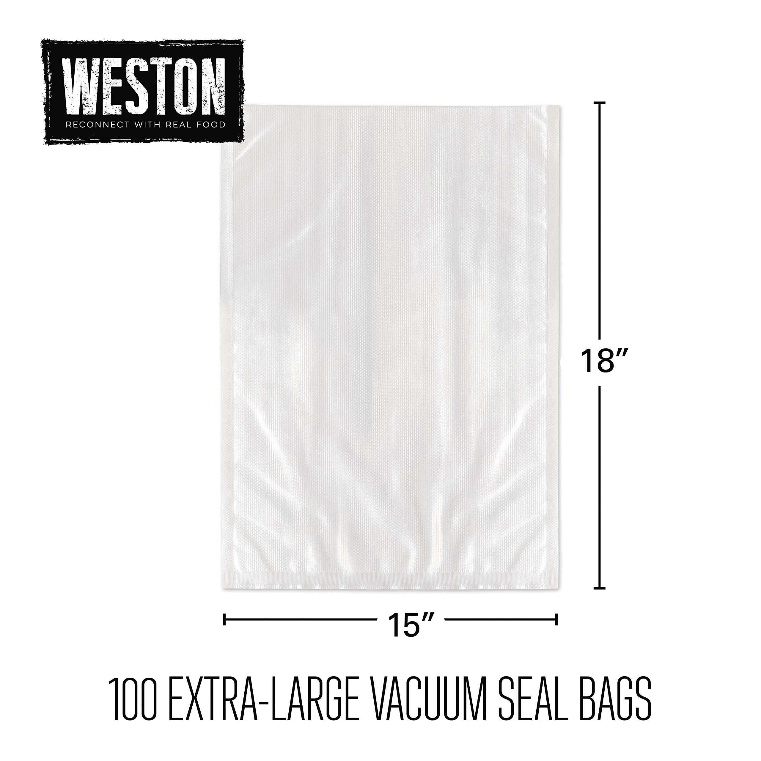 Weston Vacuum Sealer Bags, 2 Ply 3mm Thick, for NutriFresh, FoodSaver & Other Heat-Seal Systems, for Meal Prep and Sous Vide, BPA Free, 15" x 18" (Extra Large), 100 Count, Clear