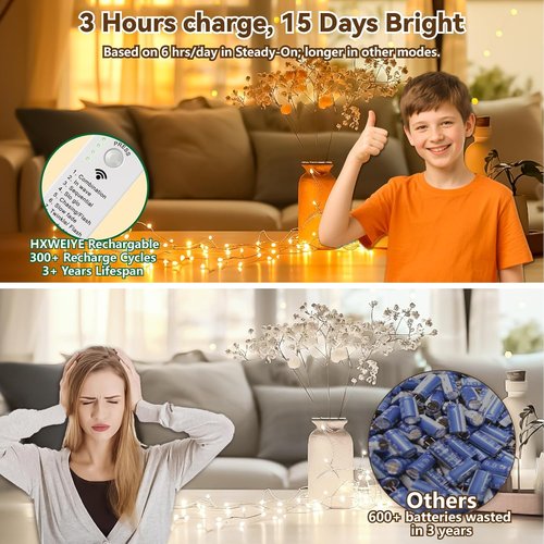 HXWEIYE 300L Curtain Lights - 50 LED Rechargeable Fairy Lights with DIY Timer & 8 Modes | 16FT, Plug-In
