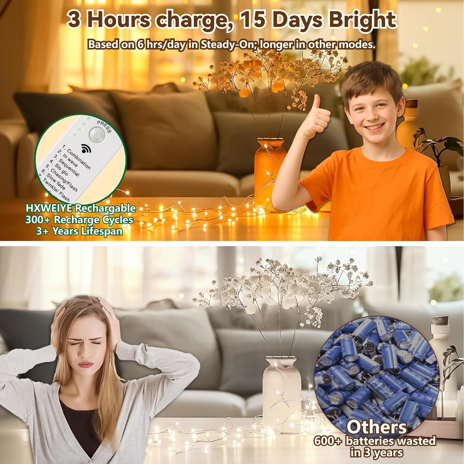Skiennix 120L Twinkle Lights - 16FT 50LED Rechargeable Fairy Lights with DIY Timer & 8 Modes