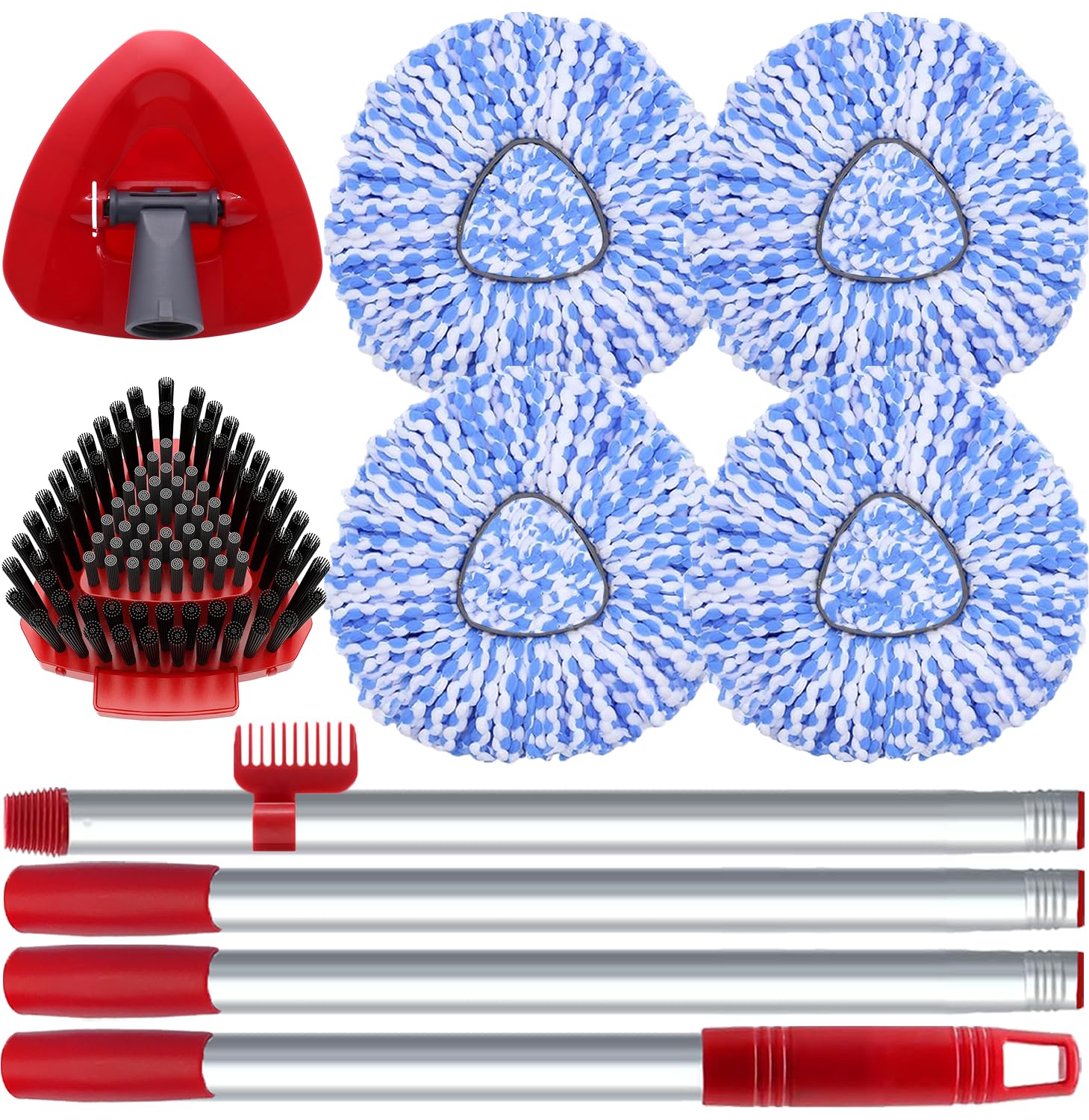 Fatmass Spin Mop Head and Brush Replacement Compatible with O Cedar EasyWring 1-Tank System, 4 Mop Replace Heads, 1 Handle, 1 Base and 1 Scrub Brush Combo Set