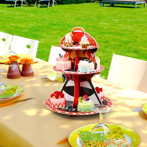 Widecook 3 Tier BBQ Party Cake Stand Decoration Barbecue Theme Summer Cupcake Tower Baby Q Table Decoration Red and Black Gingham Cake Holder for Summer Picnic Camping BBQ Baby Shower Party Supplies