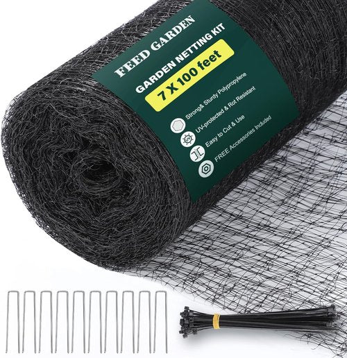 FEED GARDEN Heavy Duty Deer Netting - UV-Protected 7x100ft Garden Fence with 3/4" Mesh | Includes 10 Stakes & 50 Zip Ties