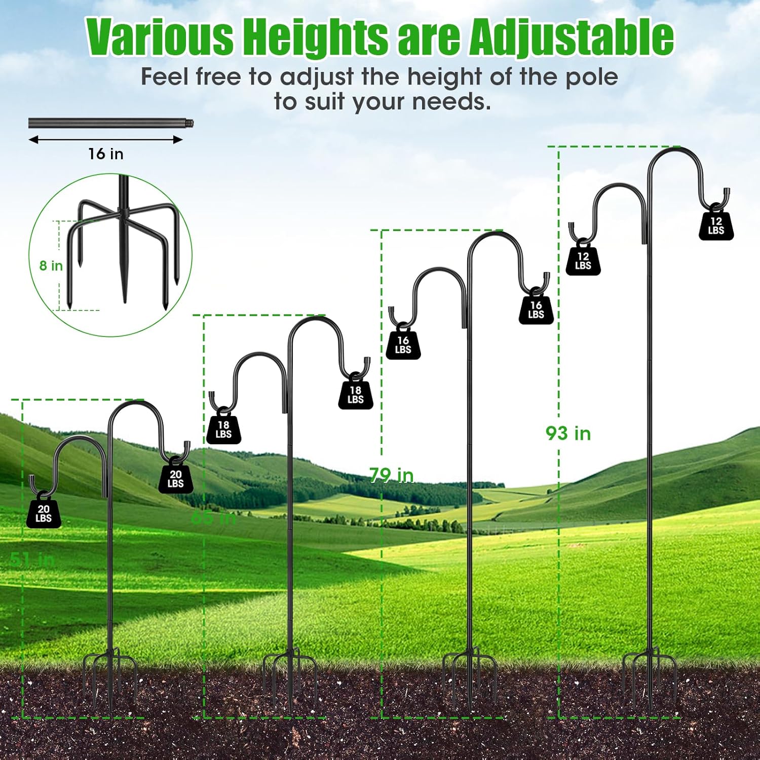 Skiennix 79-Inch Double Shepherds Hooks - Heavy Duty Bird Feeder Pole with 5-Prong Base for Lanterns & Hummingbird Feeders