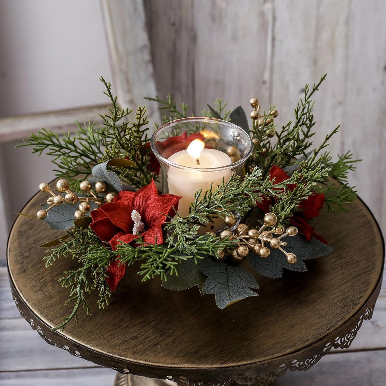 Skiennix Christmas Candle Rings - Elegant Artificial Flower & Gold Berries Holders | 2-Piece Set for Winter Decor