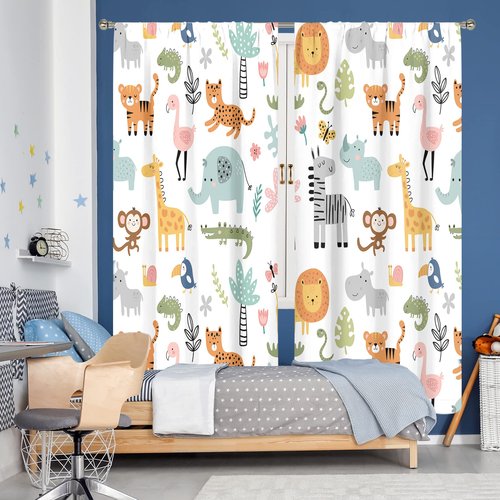 MESHELLY Kids Safari Animal Curtains 42Wx63H Inch Rod Pocket Nursery Baby Boy Bedroom Decor Cartoon Lion Jungle Woodland Wildlife Toddler Girl Children Living Room Window Drapes Fabric