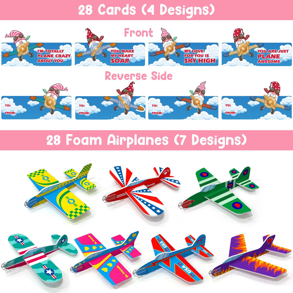 SURCVIO 28 Pack Valentines Day Gifts for Kids, Foam Airplanes Party Favor Set with Valentines Greeting Cards for Kids, Valentine's Day School Prize Party Favor, Classroom Exchange Gift Set