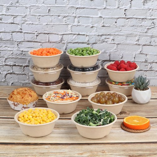 JAYEEY 10 oz Round Disposable salad bowls with lids, Sugarcane Fiber Paper Bowls take away food containers Plant Fibers Freezer Safe 50 Pack