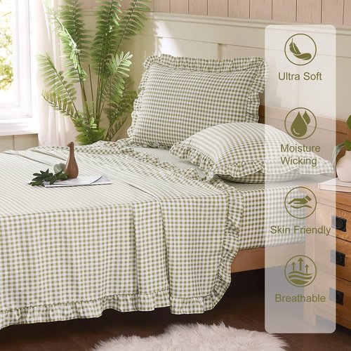 kisswish Gingham Queen Sheet Set, Lightweight Super Soft Brushed Microfiber Plaid Bed Sheets with 16" Deep Pocket, 4 Piece Ruffle Farmhouse Bedroom Decor, Sage Green