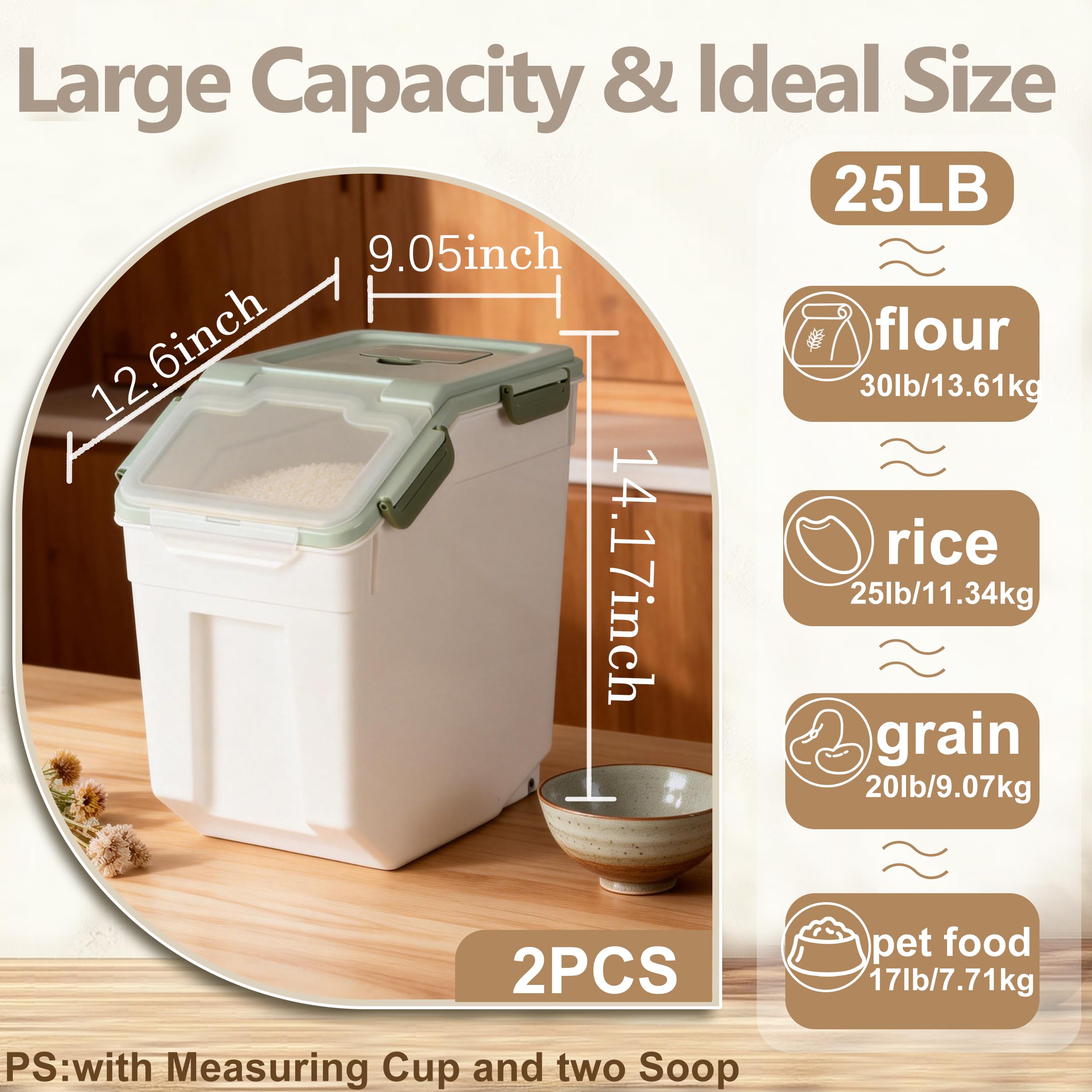 RUIAN Large Airtight Storage Container, 25lb Flour Rice Storage Containers Bin with Wheels Seal Locking Lid, with Measuring Cup&Scoop for Flour, Rice, Grain (Green, 2PCS)