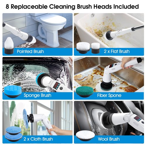 Electric Spin Scrubber, Shower Scrubber with Long Handle, Rechargeable Cordless Power Scrubber, Retractable & Adjustable Angle Spin Brush for Cleaning Bathroom/Tub/Floor/Tile (Black-White)