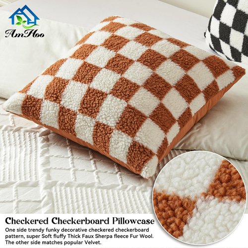 AmHoo Pack of 2 Decorative Throw Pillow Covers Checkerboard Luxury Super Soft Faux Fur Wool Set Case Cushion for Couch Sofa Bedroom 18 x 18-Inch Burnt Orange