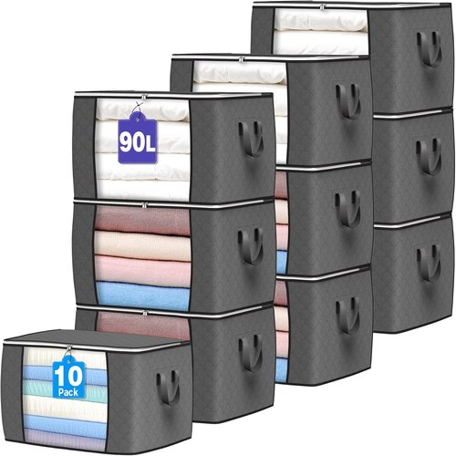 Budding Joy 90L Large Storage Bags - 10 Pack Foldable Closet Organizers with Reinforced Handles | Gray