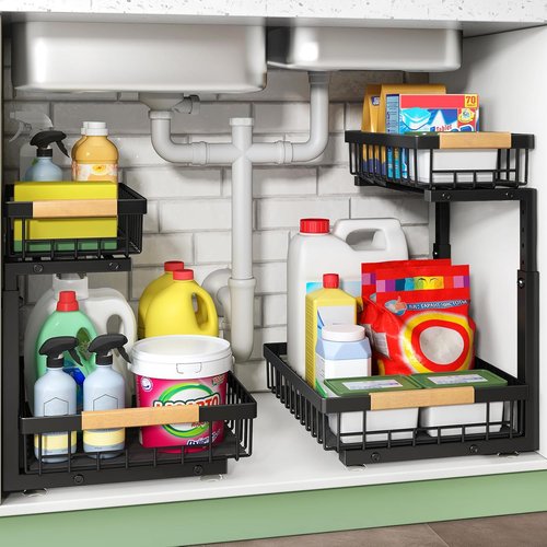 Kitstorack Under Sink Organizer - 2 Tier Metal Sliding Drawer for Kitchen & Bathroom Storage | Black, 1 Pack
