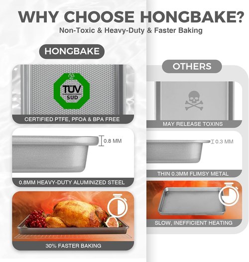 HONGBAKE Baking Sheet Pan Set - Naturally Non-Toxic Heavy Duty Aluminized Steel | 3-Piece Nonstick Cookie Sheets
