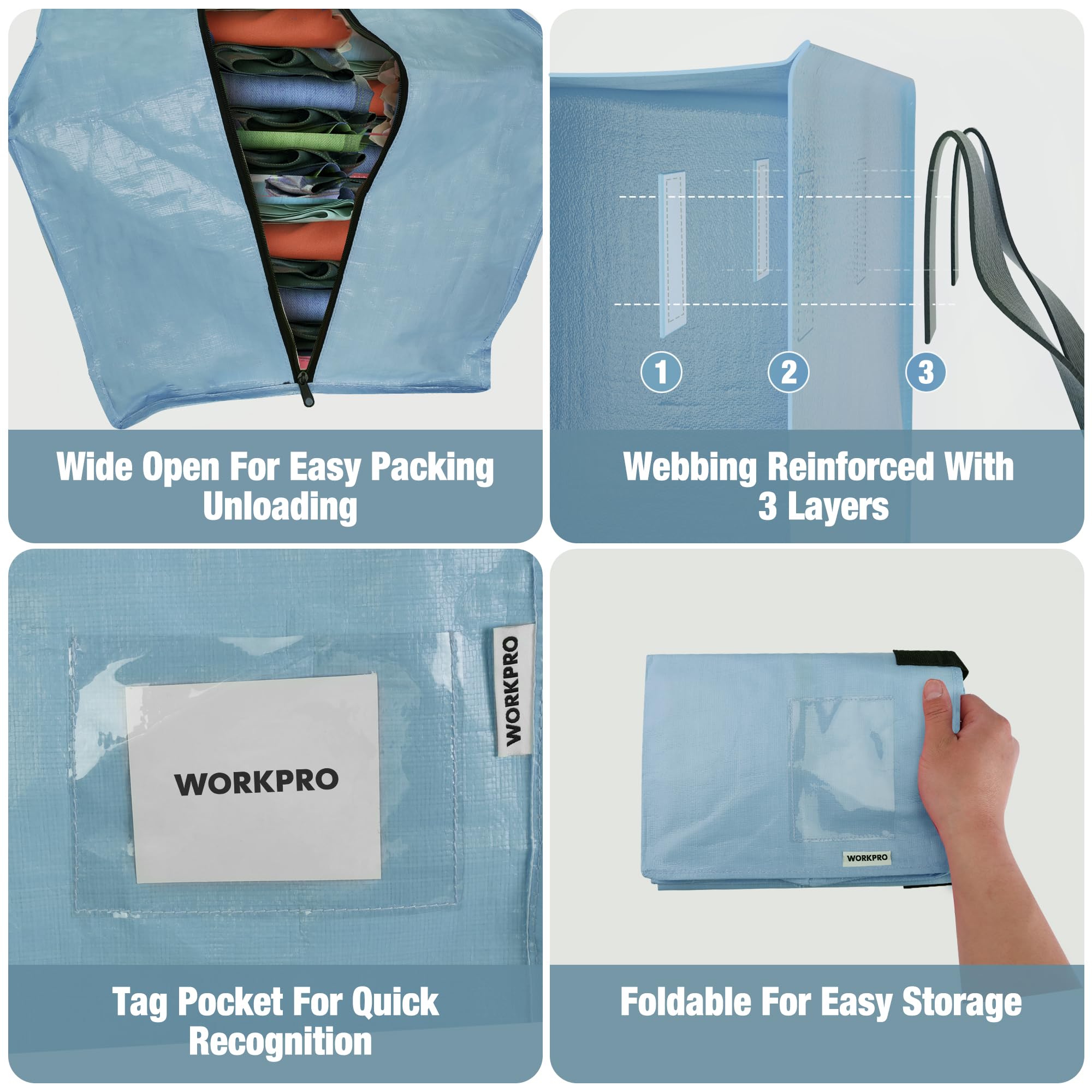 WORKPRO 6 Pack Extra Large Moving Bags with Zippers & Carrying Handles Backpack Straps, Heavy-Duty Storage Tote for Space Saving & Storage, Alternative to Moving Box (Dusty Blue)