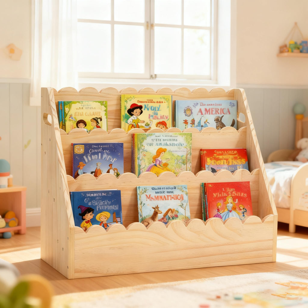 OCMML Kids Bookshelf 3-Tier, Solid Wood Bookcase & Montessori Book Display Rack, Open Front Facing Bookshelves for Toddlers, Children's Room, Nursery, Bedroom, Playroom Organizer (Large)
