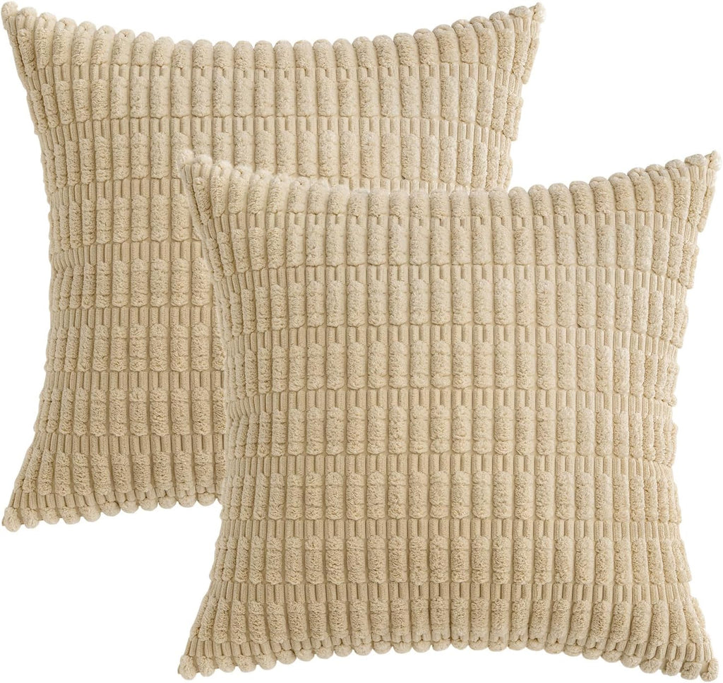MIULEE Corduroy Throw Pillow Covers - Soft Boho Striped Design | 18x18 Inch Tan Decorative Pillows for Home Decor